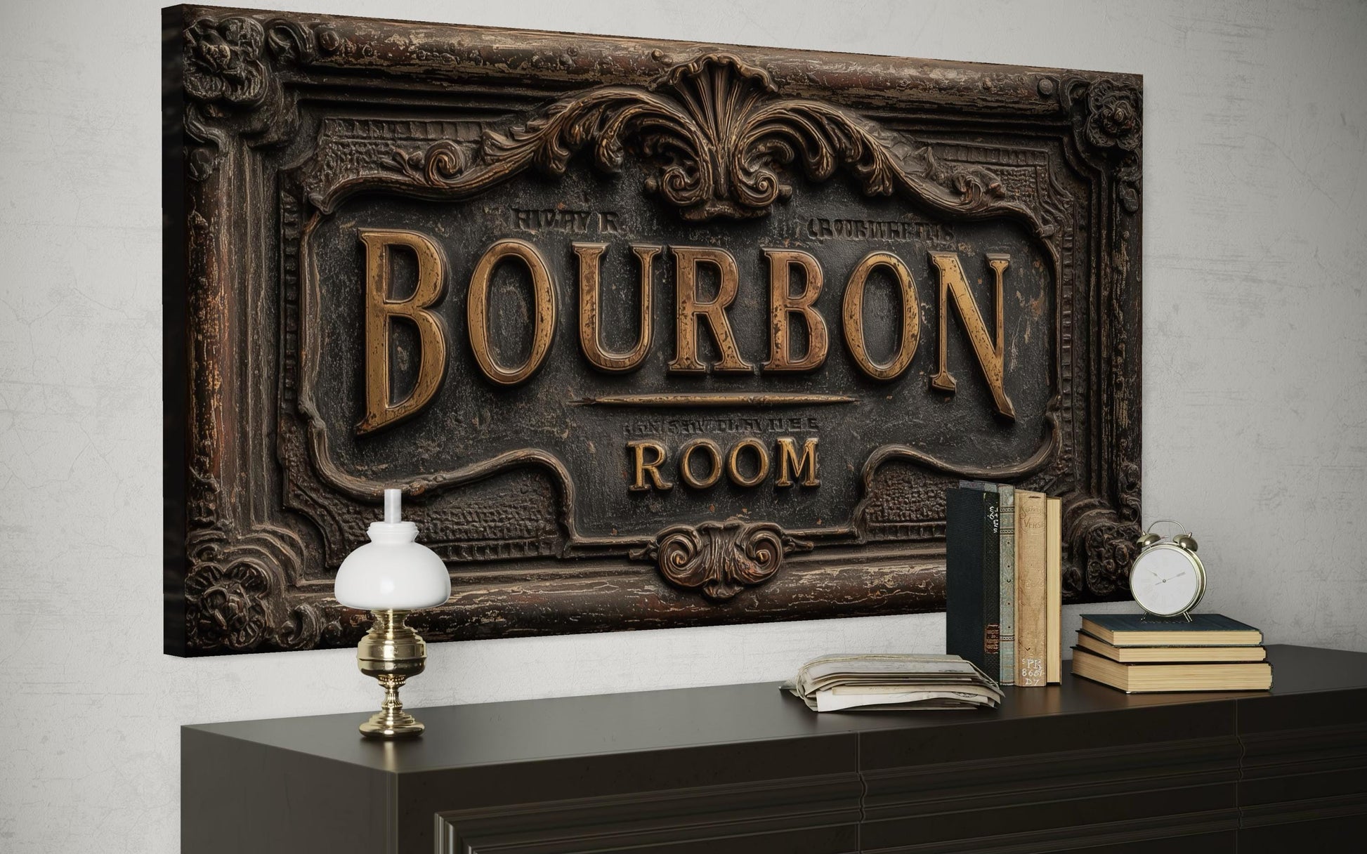 Bourbon Room Wall Art - Whiskey Bar Sign Canvas Print | Rustic Man Cave Decor