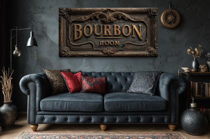 Bourbon Room Wall Art - Whiskey Bar Sign Canvas Print | Rustic Man Cave Decor