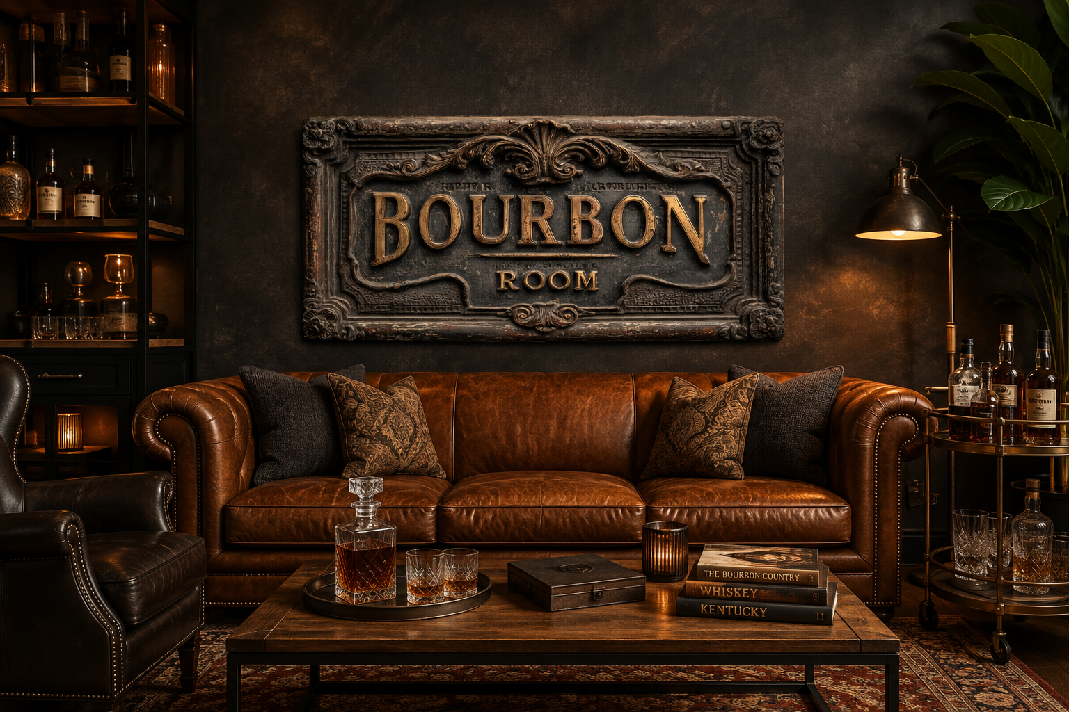 Bourbon Room Wall Art - Whiskey Bar Sign Canvas Print | Rustic Man Cave Decor