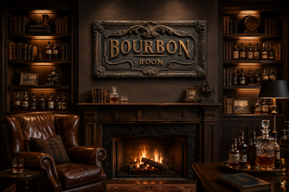 Bourbon Room Wall Art - Whiskey Bar Sign Canvas Print | Rustic Man Cave Decor