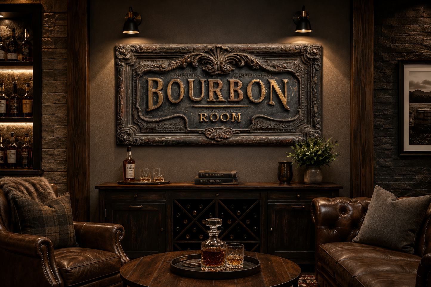 Bourbon Room Wall Art - Whiskey Bar Sign Canvas Print | Rustic Man Cave Decor