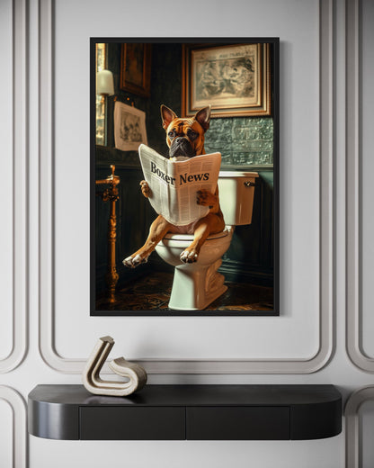 Boxer Dog On The Toilet Reading Newspaper Picture Canvas Wall Art