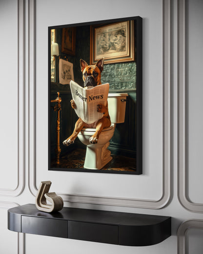 Boxer Dog On The Toilet Reading Newspaper Picture Canvas Wall Art