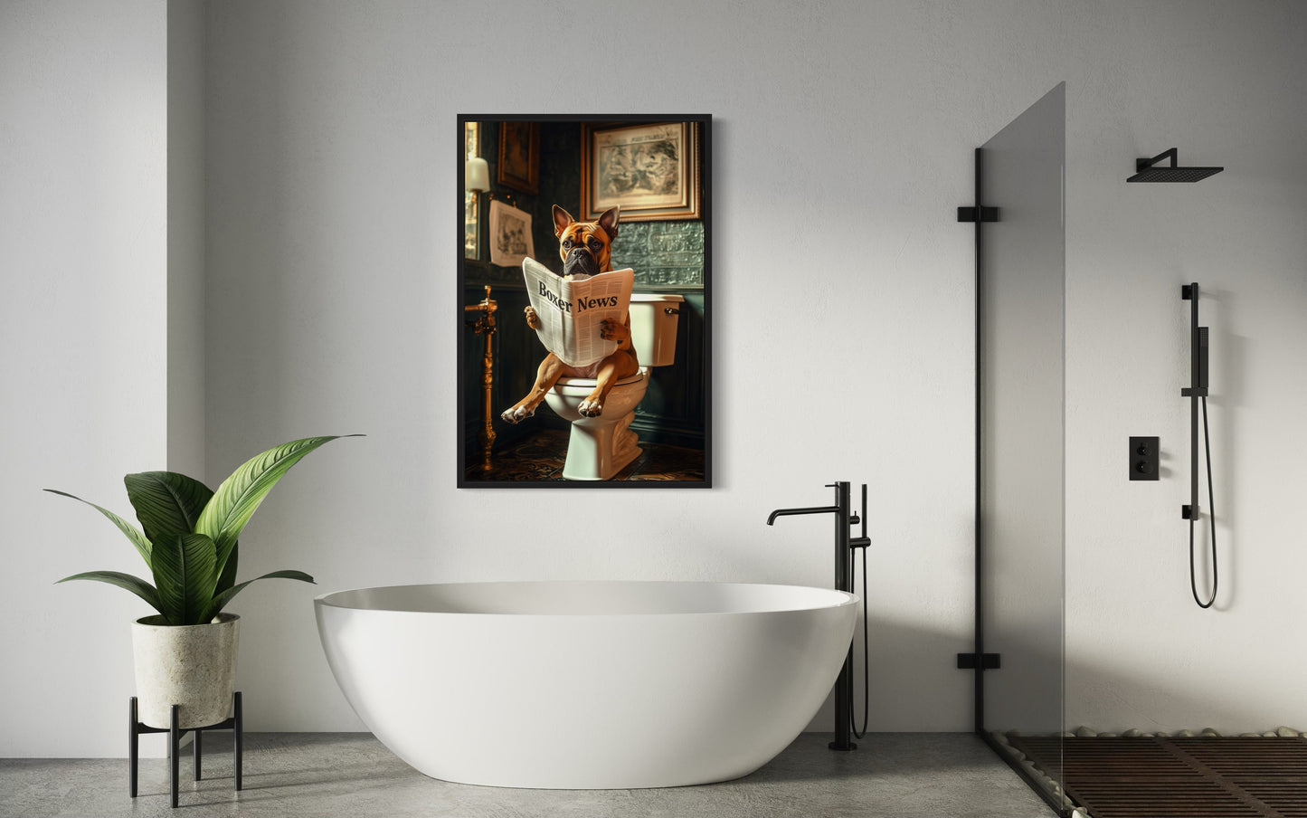 Boxer Dog On The Toilet Reading Newspaper Picture Canvas Wall Art