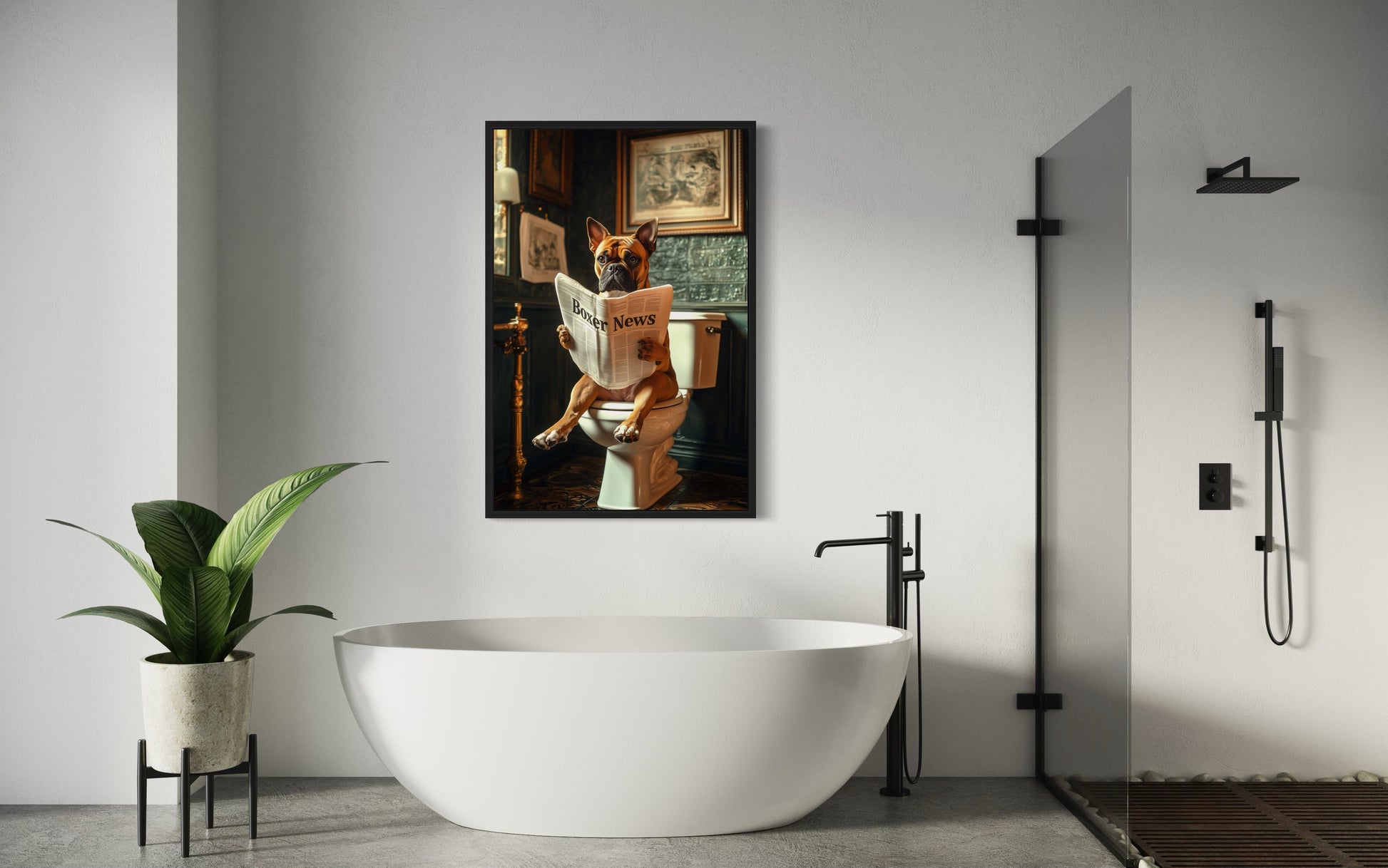 Boxer Dog On The Toilet Reading Newspaper Picture Canvas Wall Art