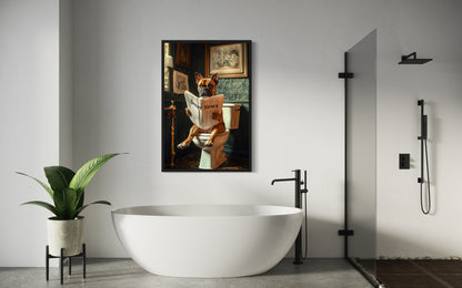 Boxer Dog On The Toilet Reading Newspaper Picture Canvas Wall Art