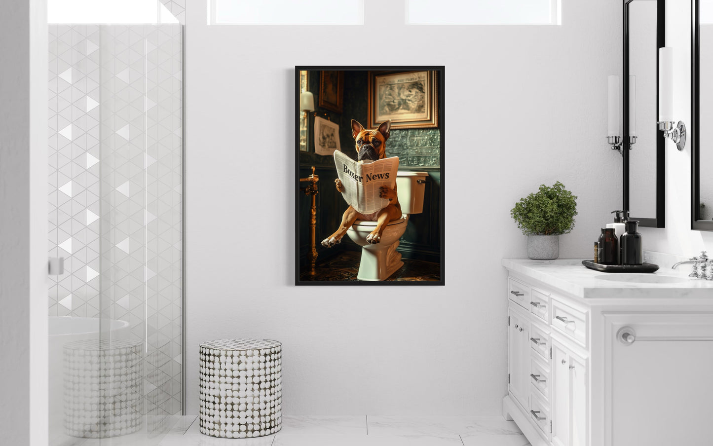 Boxer Dog On The Toilet Reading Newspaper Picture Canvas Wall Art