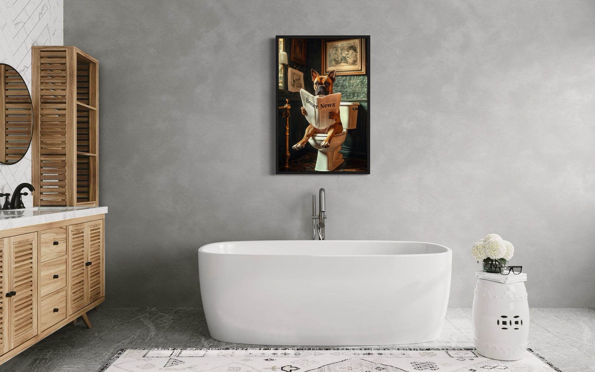 Boxer Dog On The Toilet Reading Newspaper Picture Canvas Wall Art