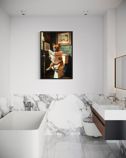 Boxer Dog On The Toilet Reading Newspaper Picture Canvas Wall Art