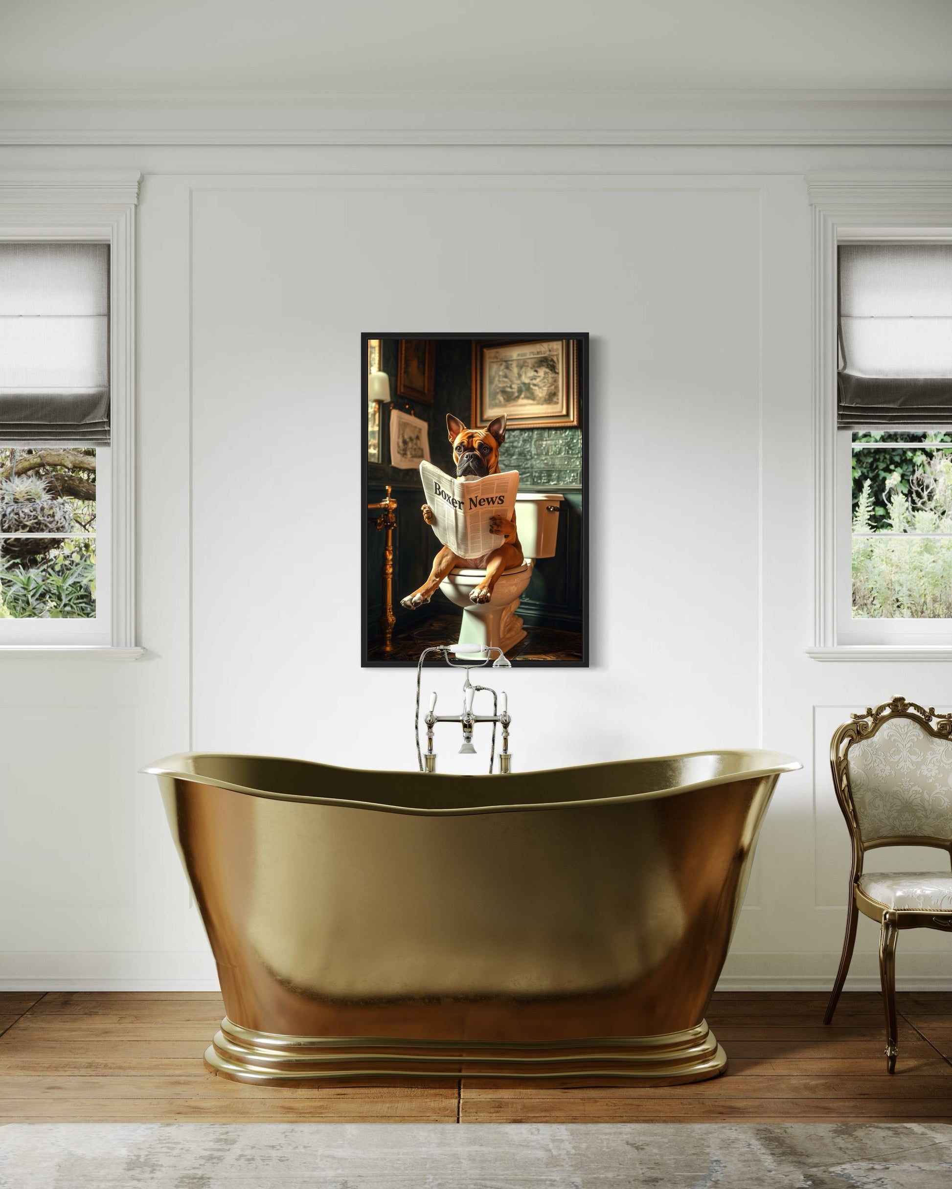 Boxer Dog On The Toilet Reading Newspaper Picture Canvas Wall Art