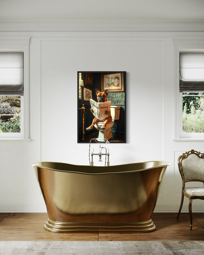 Boxer Dog On The Toilet Reading Newspaper Picture Canvas Wall Art