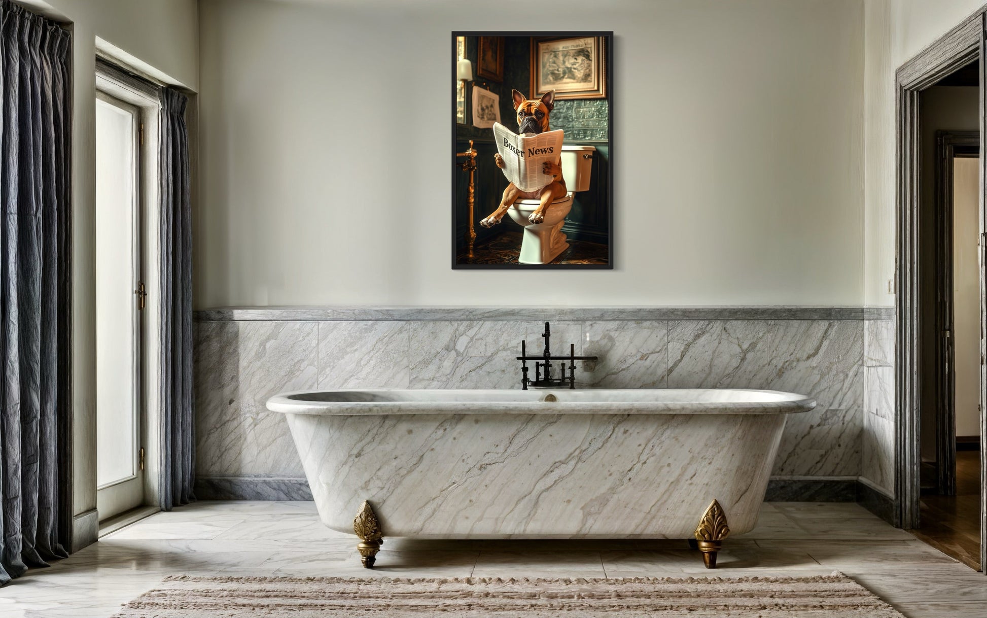 Boxer Dog On The Toilet Reading Newspaper Picture Canvas Wall Art
