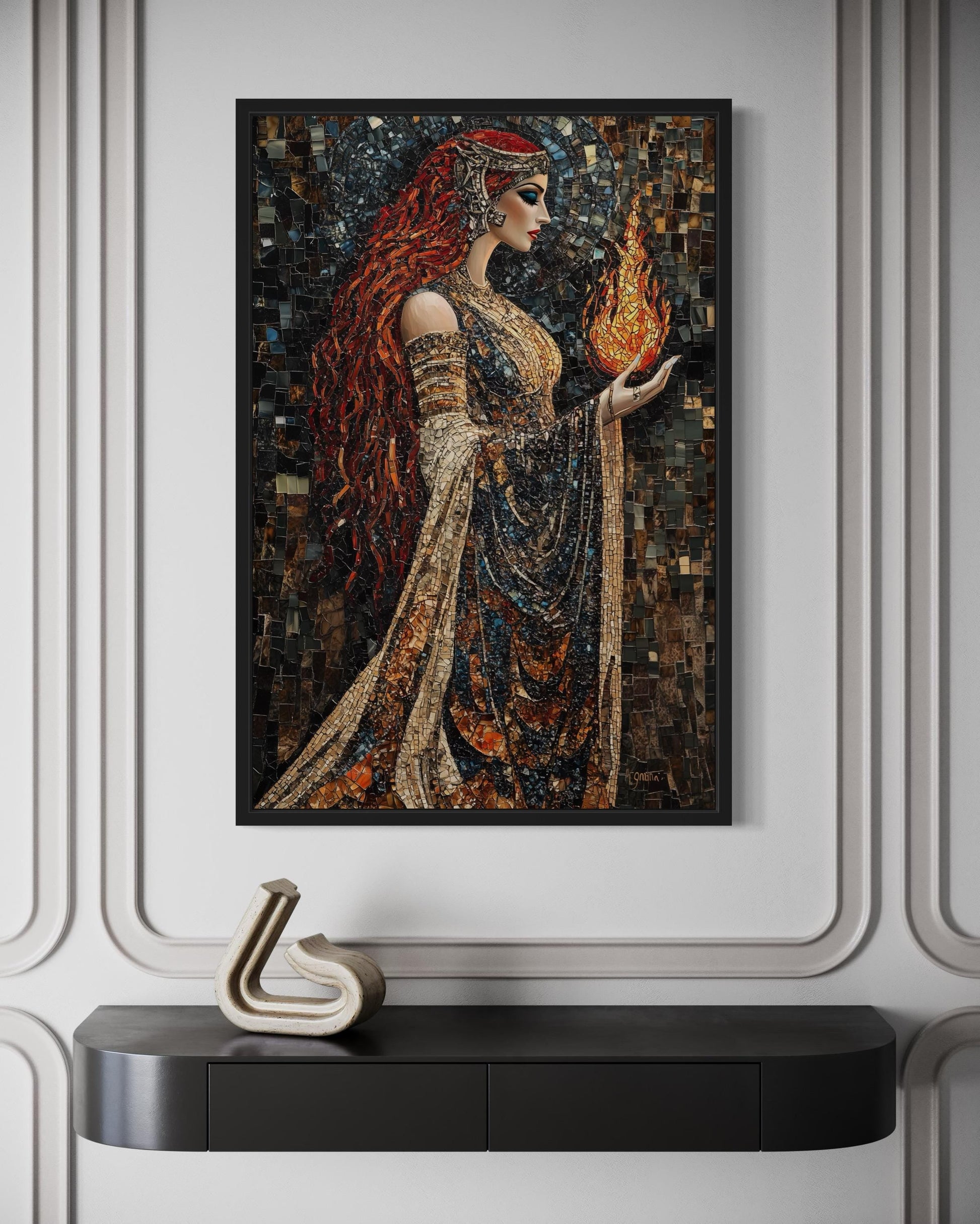 Brigid Celtic Goddess Holding Fire Mosaic Painting Canvas Wall Art