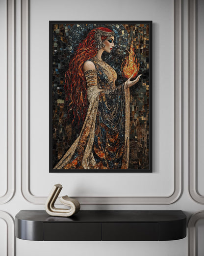 Brigid Celtic Goddess Holding Fire Mosaic Painting Canvas Wall Art