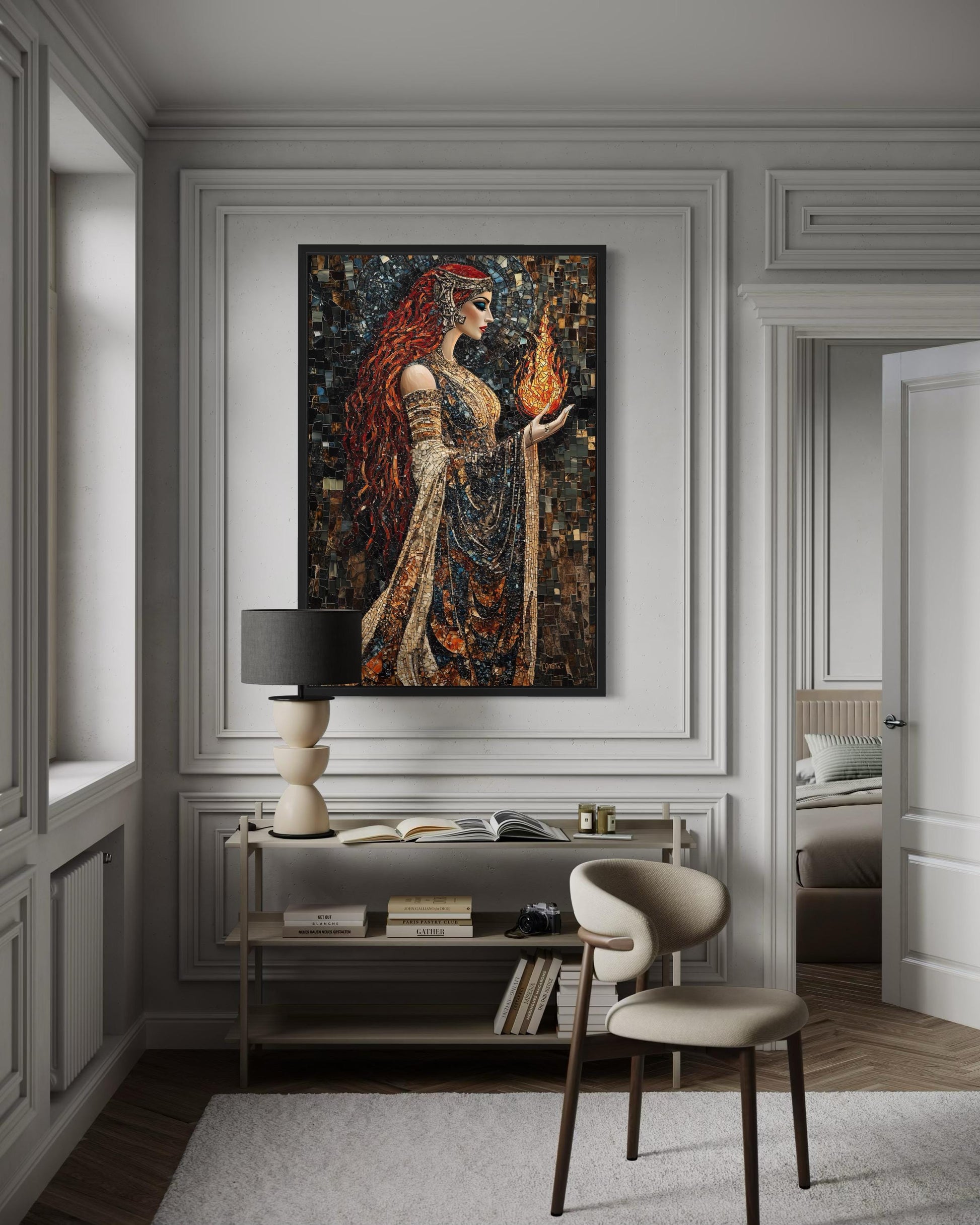 Brigid Celtic Goddess Holding Fire Mosaic Painting Canvas Wall Art