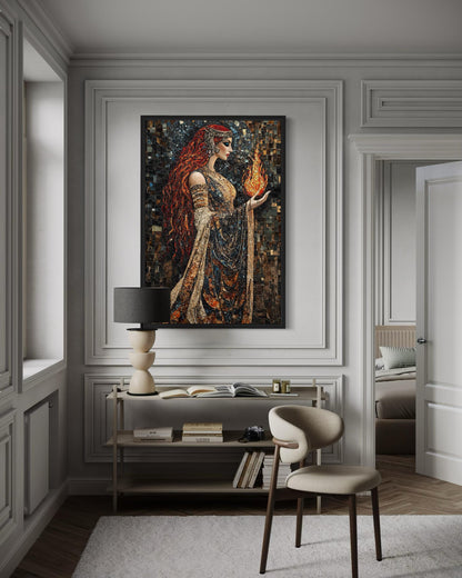 Brigid Celtic Goddess Holding Fire Mosaic Painting Canvas Wall Art
