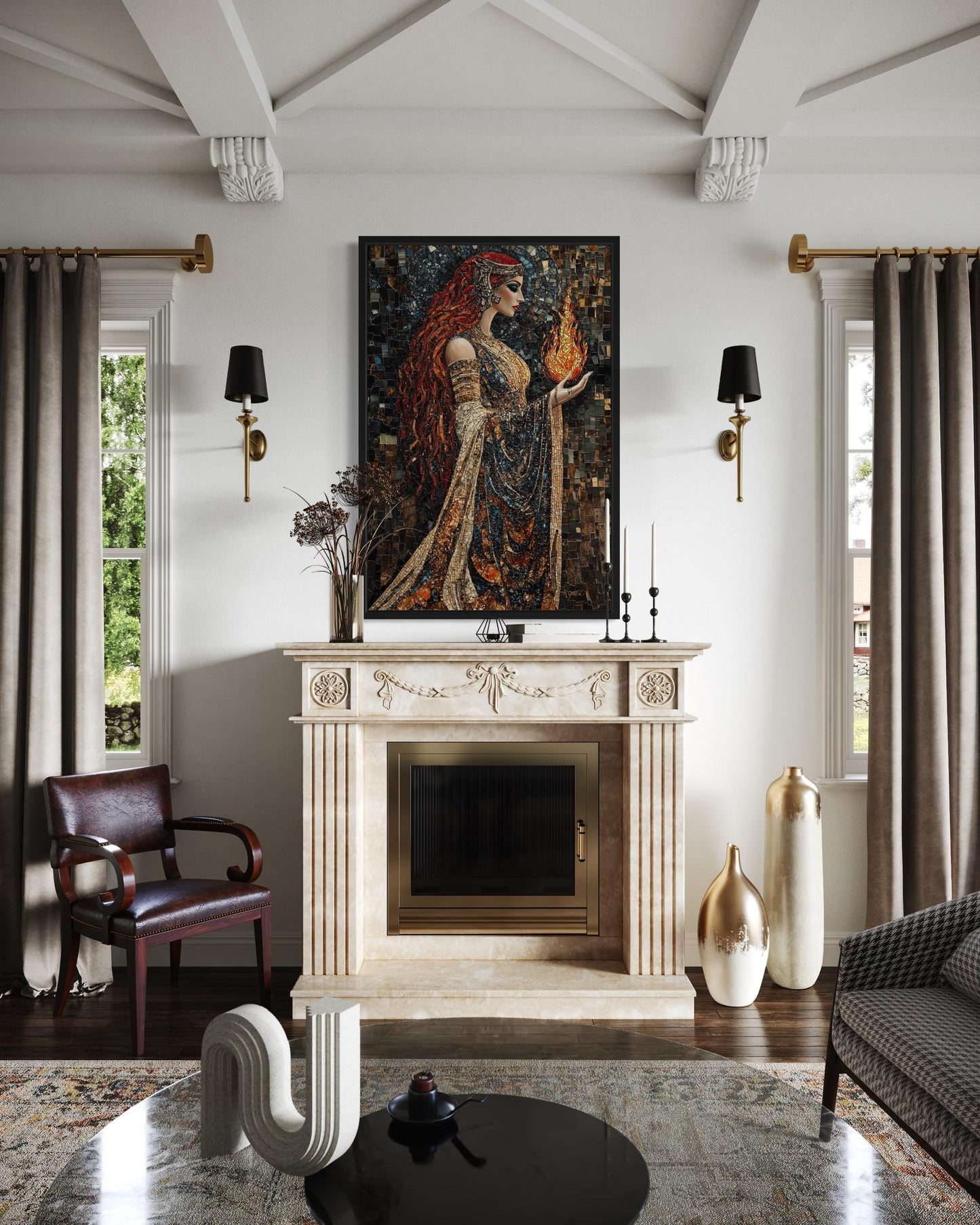Brigid Celtic Goddess Holding Fire Mosaic Painting Canvas Wall Art