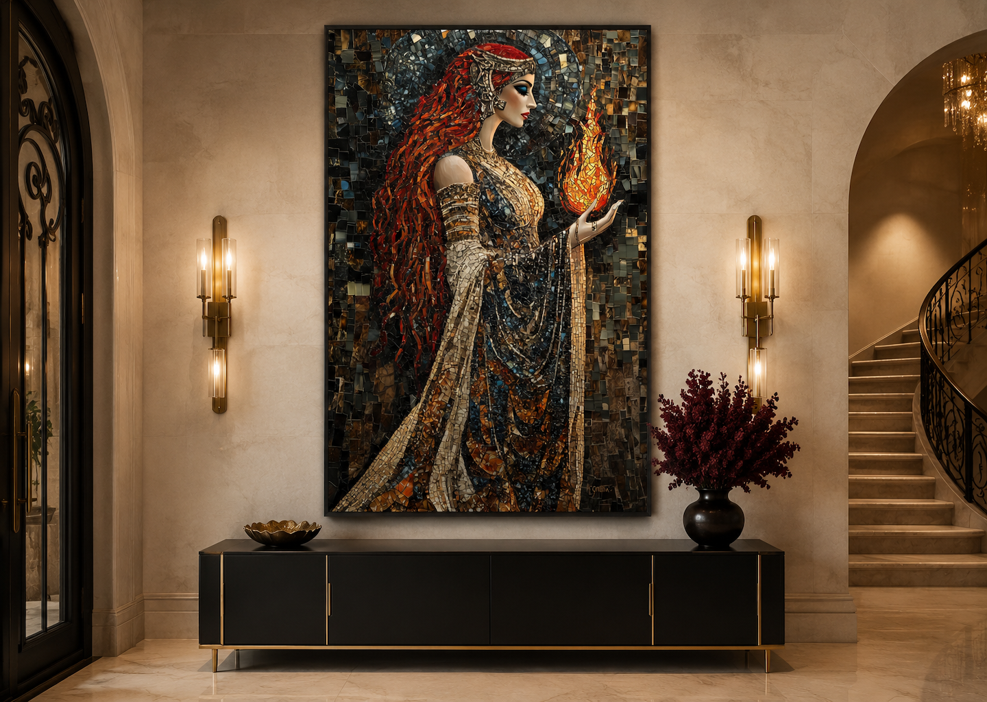 Brigid Celtic Goddess Holding Fire Mosaic Painting Canvas Wall Art