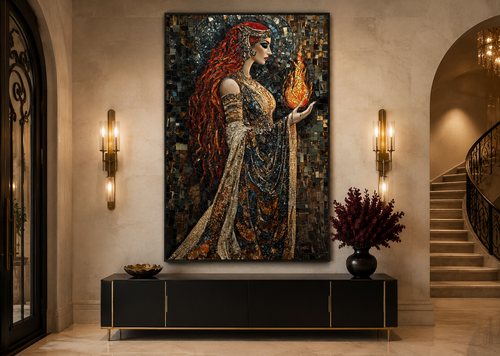Brigid Celtic Goddess Holding Fire Mosaic Painting Canvas Wall Art
