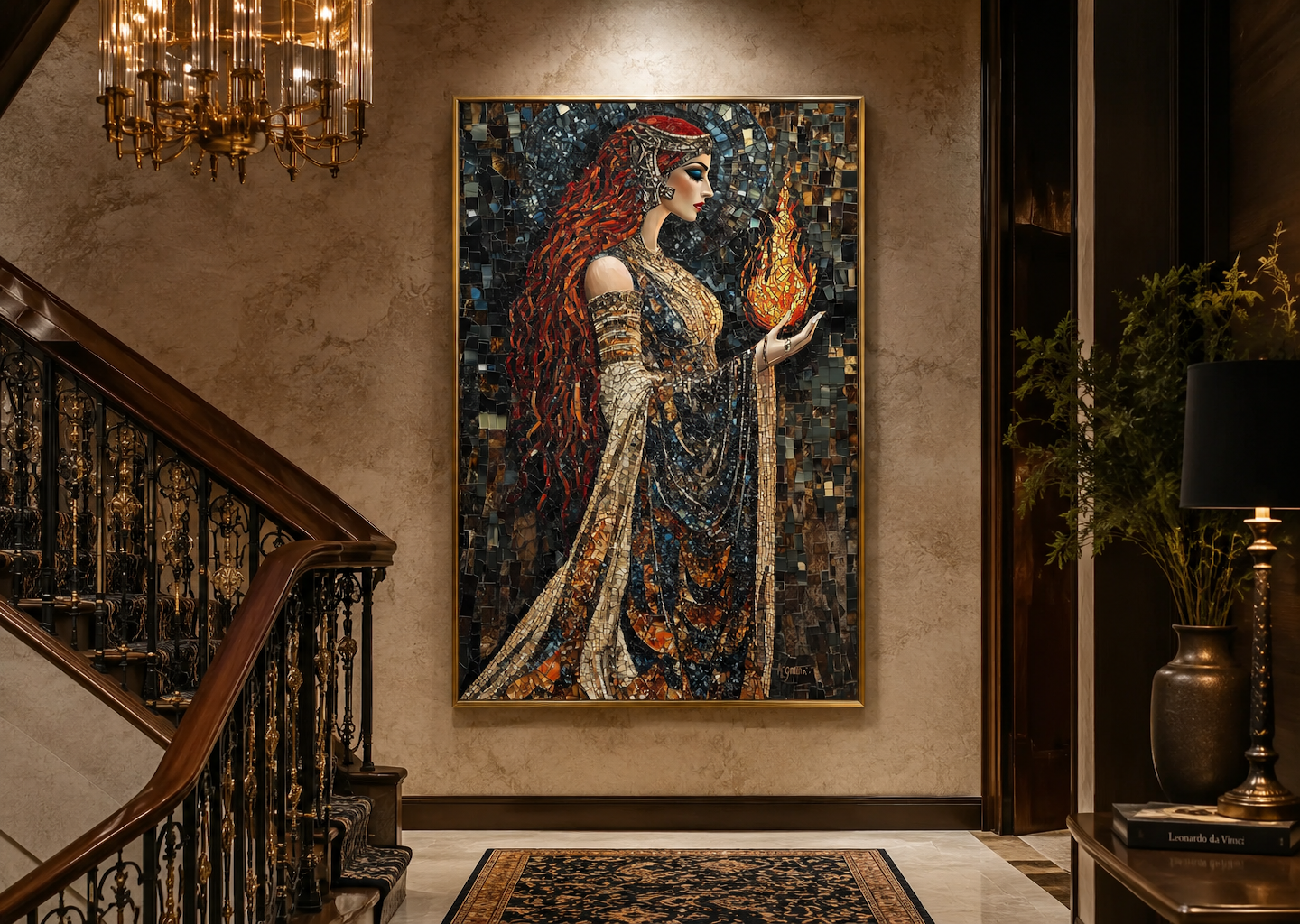 Brigid Celtic Goddess Holding Fire Mosaic Painting Canvas Wall Art