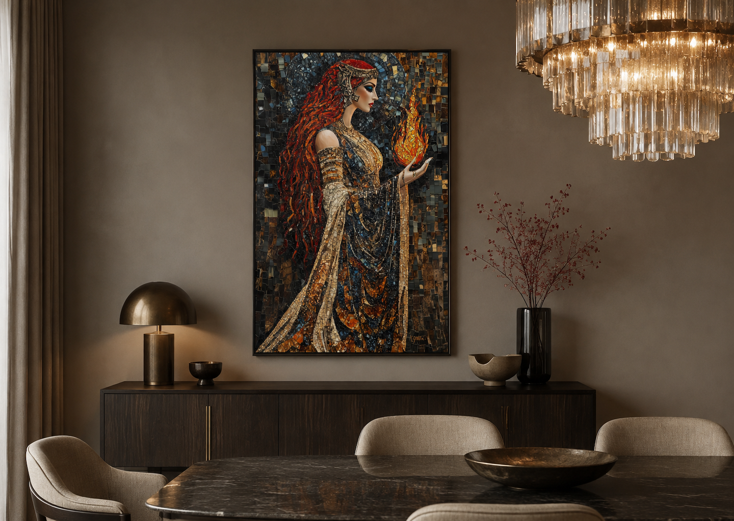 Brigid Celtic Goddess Holding Fire Mosaic Painting Canvas Wall Art