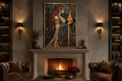 Brigid Celtic Goddess Holding Fire Mosaic Painting Canvas Wall Art