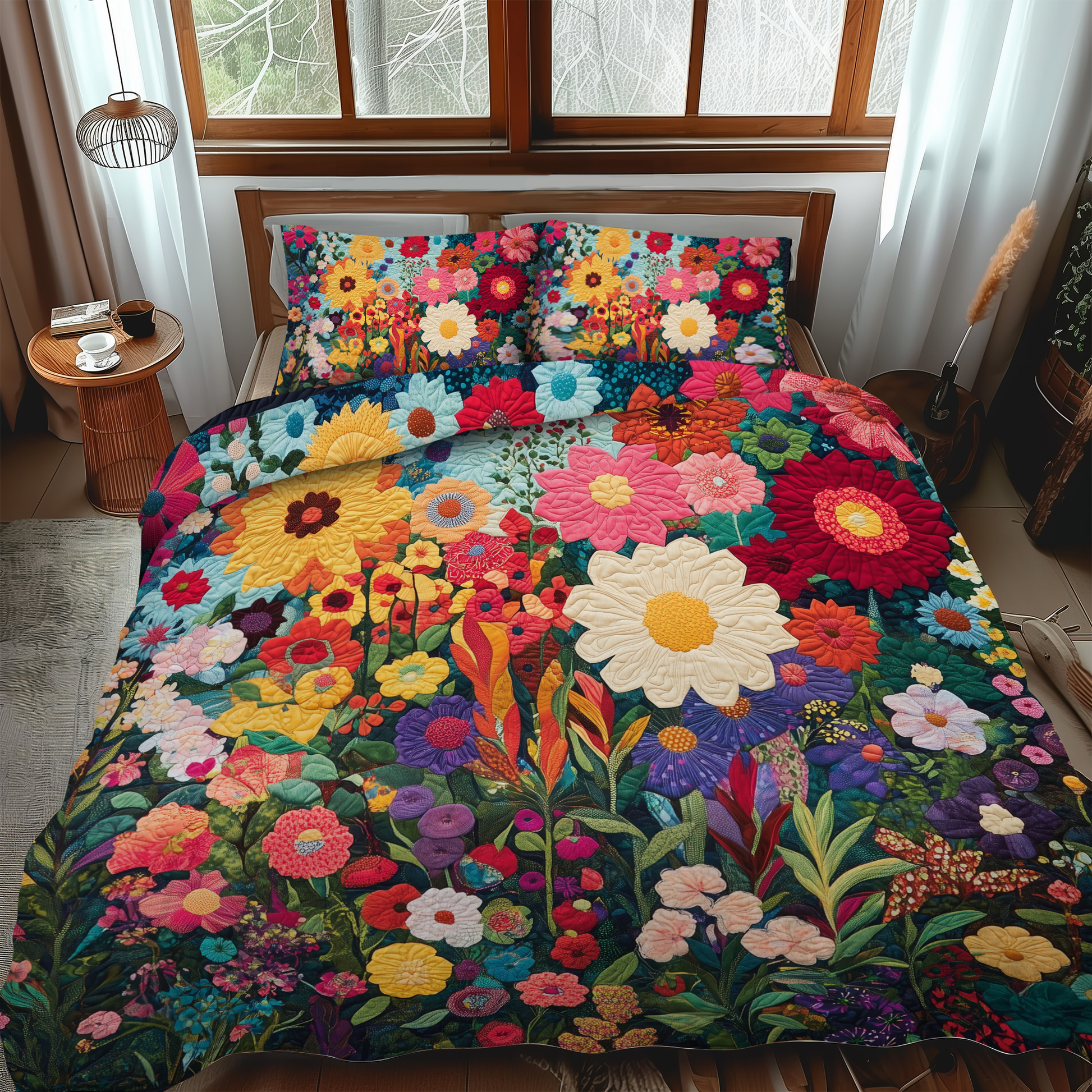 Brilliant Flowers 3-Piece Quilted Bedding Set - Single (59" x 70")