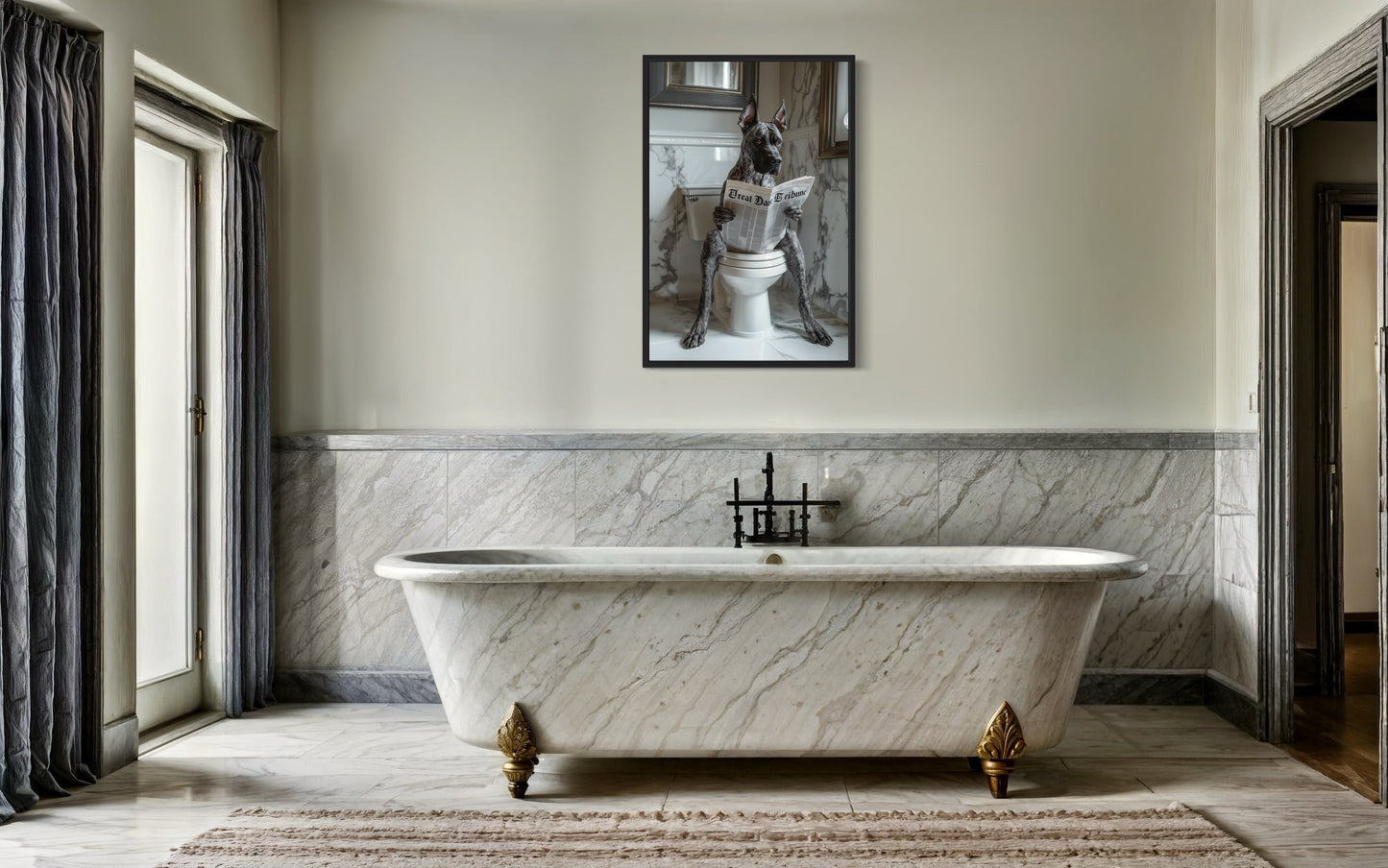 Brindle Great Dane On The Toilet Reading Newspaper Picture Canvas Wall Art