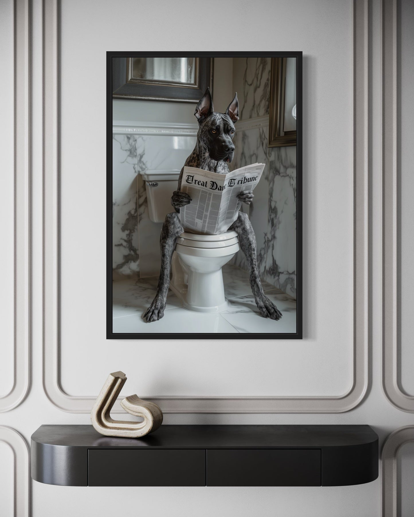 Brindle Great Dane On The Toilet Reading Newspaper Picture Canvas Wall Art
