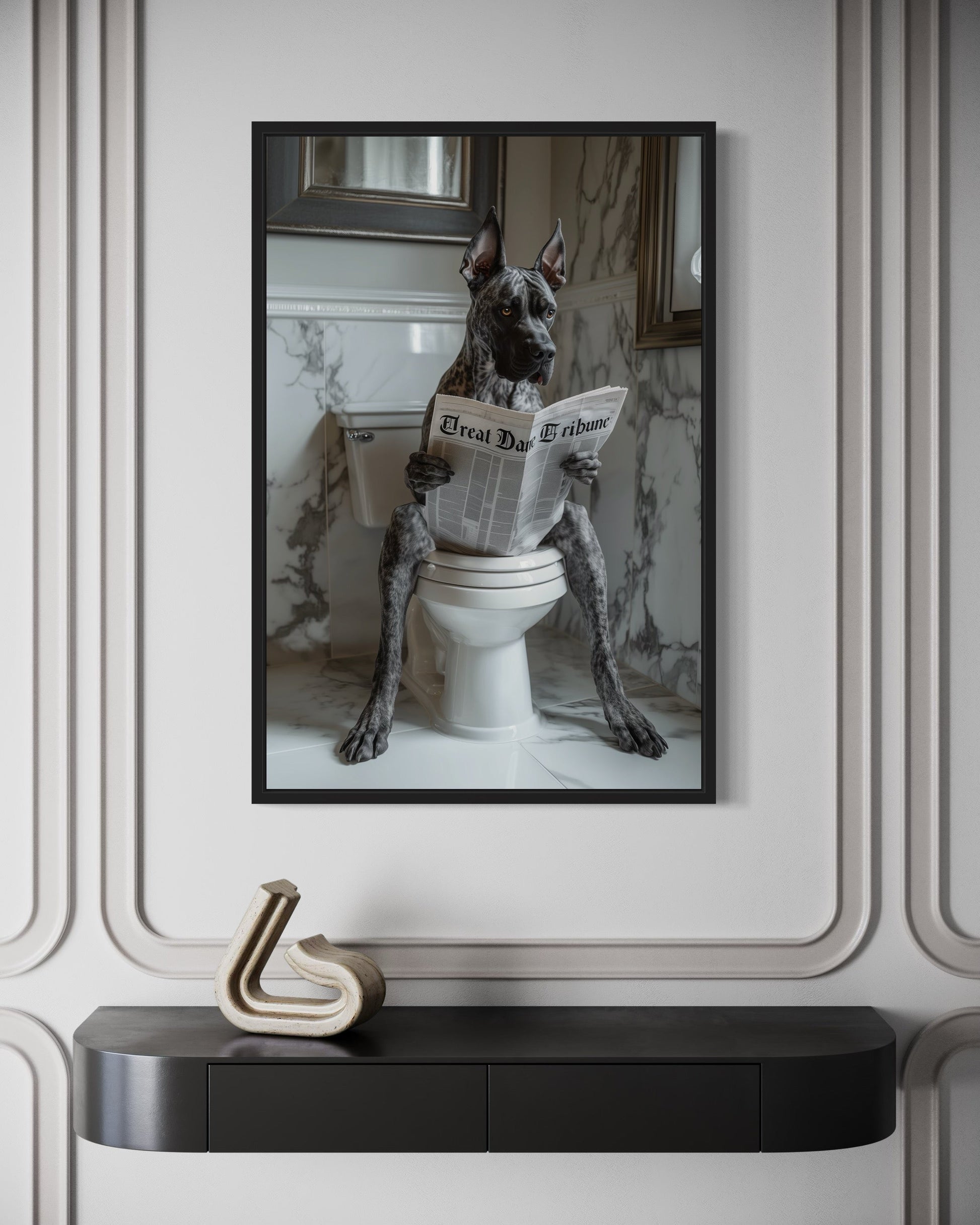 Brindle Great Dane On The Toilet Reading Newspaper Picture Canvas Wall Art