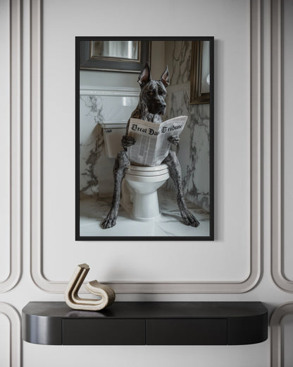 Brindle Great Dane On The Toilet Reading Newspaper Picture Canvas Wall Art