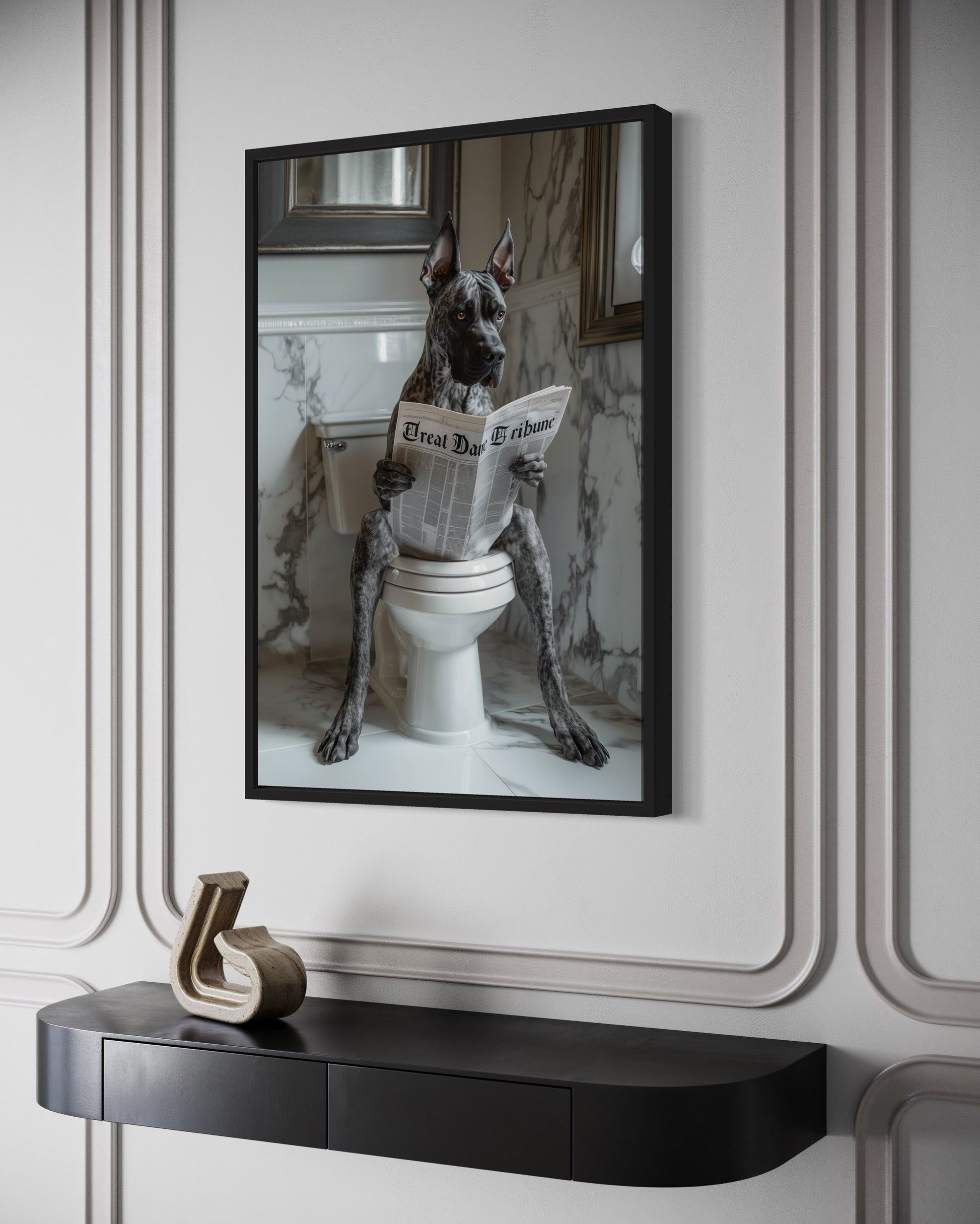 Brindle Great Dane On The Toilet Reading Newspaper Picture Canvas Wall Art