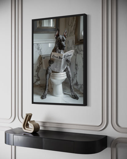 Brindle Great Dane On The Toilet Reading Newspaper Picture Canvas Wall Art