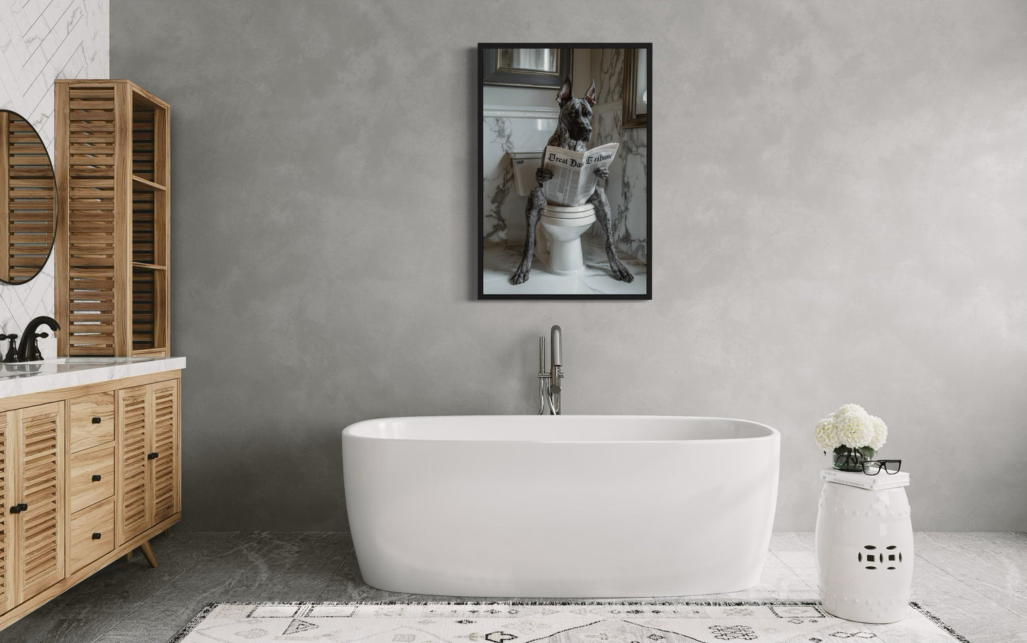 Brindle Great Dane On The Toilet Reading Newspaper Picture Canvas Wall Art