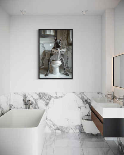 Brindle Great Dane On The Toilet Reading Newspaper Picture Canvas Wall Art