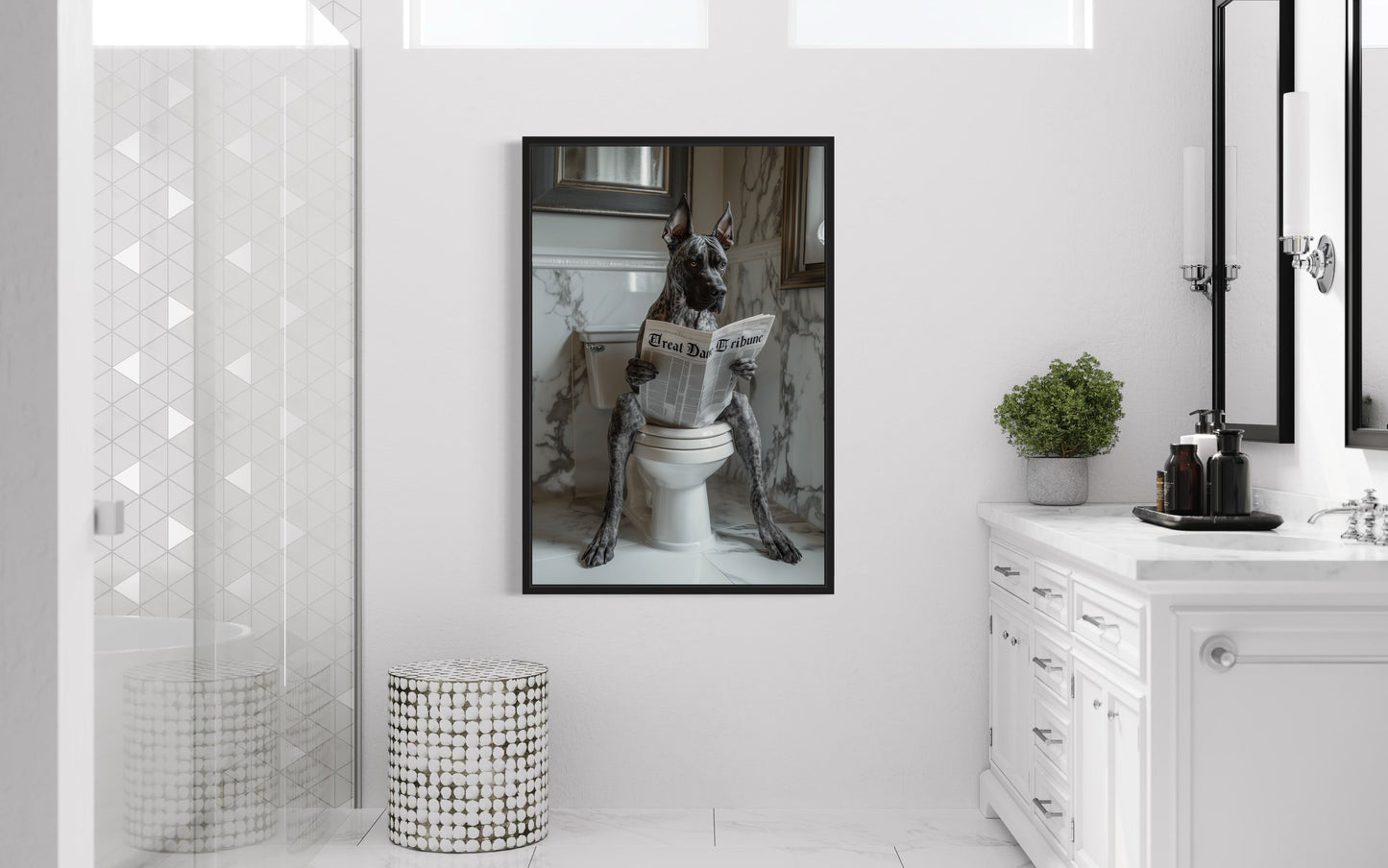 Brindle Great Dane On The Toilet Reading Newspaper Picture Canvas Wall Art