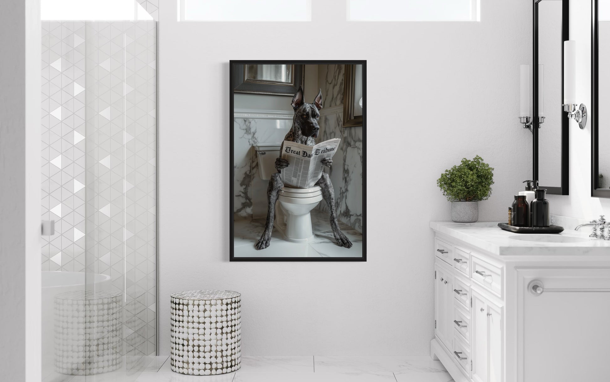Brindle Great Dane On The Toilet Reading Newspaper Picture Canvas Wall Art