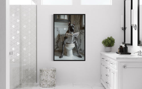 Brindle Great Dane On The Toilet Reading Newspaper Picture Canvas Wall Art
