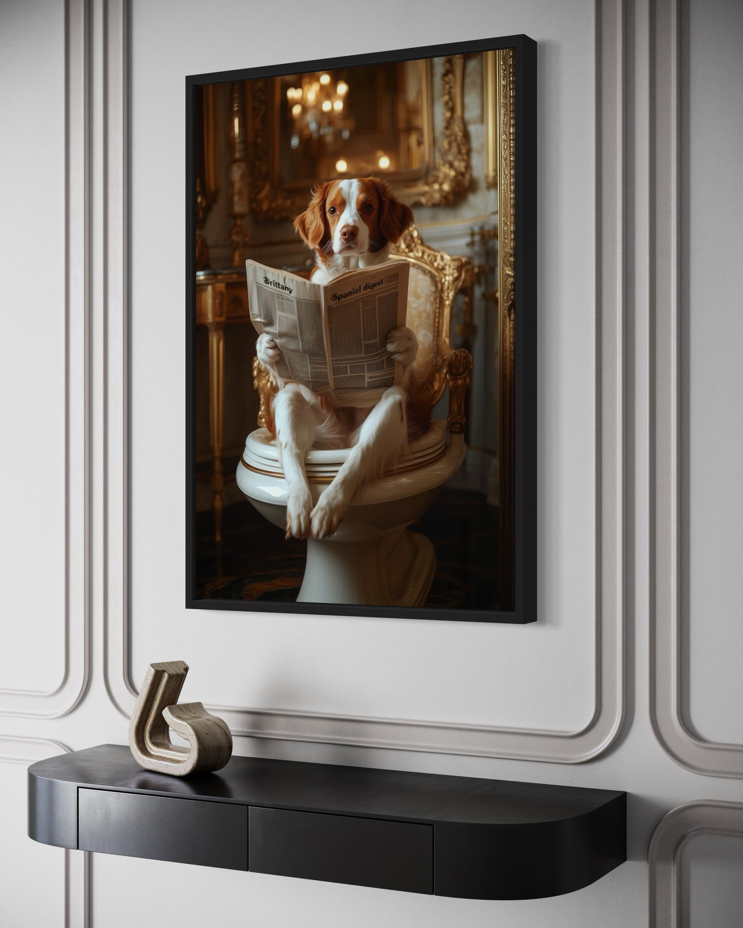 Brittany Spaniel On The Toilet Reading Newspaper Picture Canvas Wall Art
