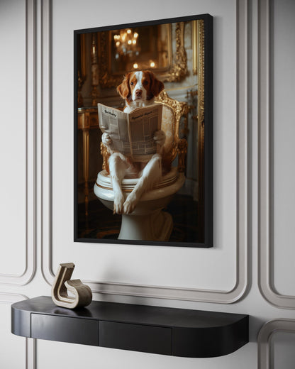 Brittany Spaniel On The Toilet Reading Newspaper Picture Canvas Wall Art