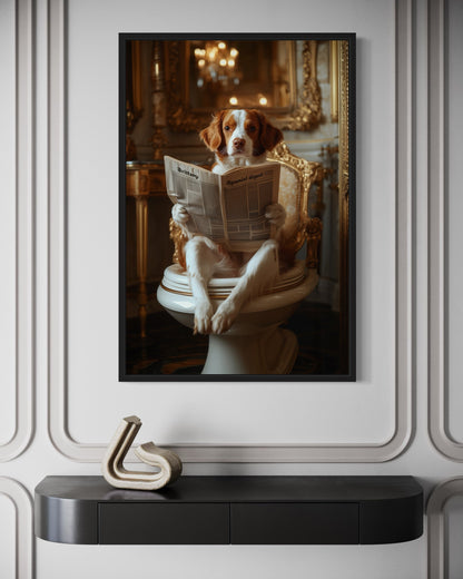 Brittany Spaniel On The Toilet Reading Newspaper Picture Canvas Wall Art