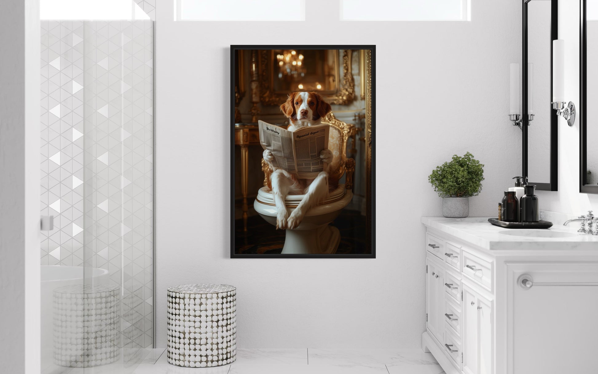 Brittany Spaniel On The Toilet Reading Newspaper Picture Canvas Wall Art