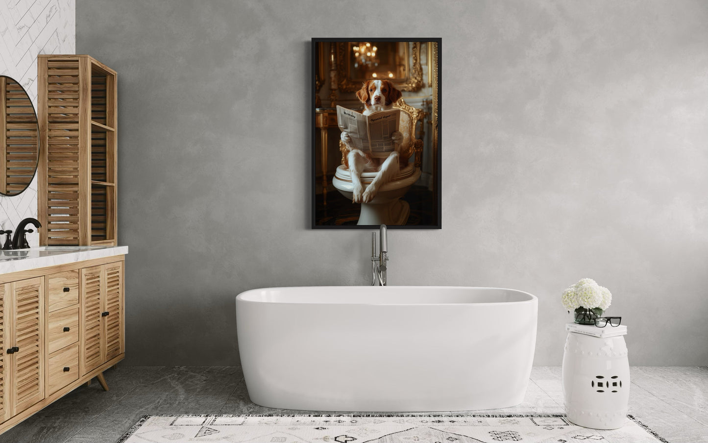 Brittany Spaniel On The Toilet Reading Newspaper Picture Canvas Wall Art