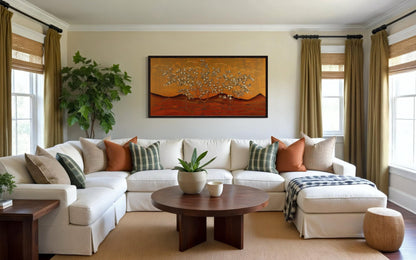 Brown And Orange Landscape With Blossoming Trees Framed Canvas Wall Art
