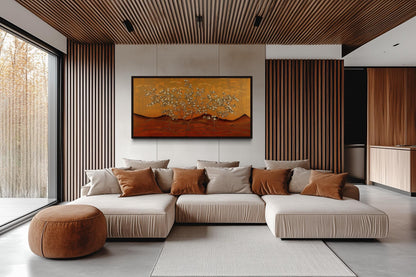 Brown And Orange Landscape With Blossoming Trees Framed Canvas Wall Art