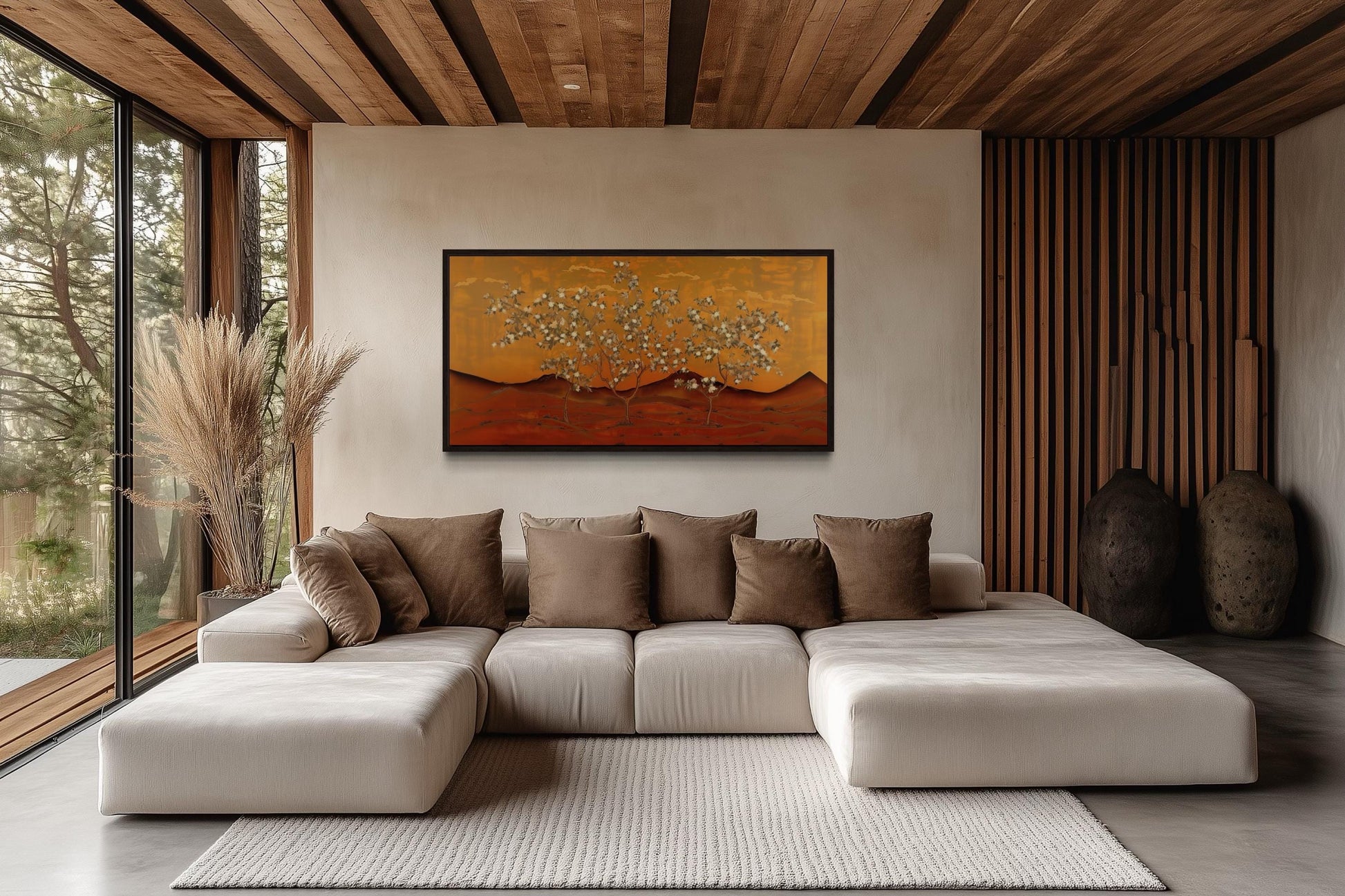 Brown And Orange Landscape With Blossoming Trees Framed Canvas Wall Art