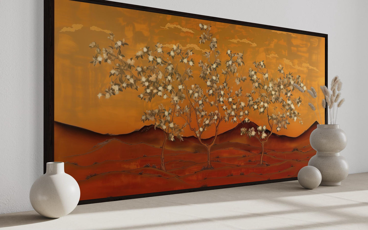 Brown And Orange Landscape With Blossoming Trees Framed Canvas Wall Art