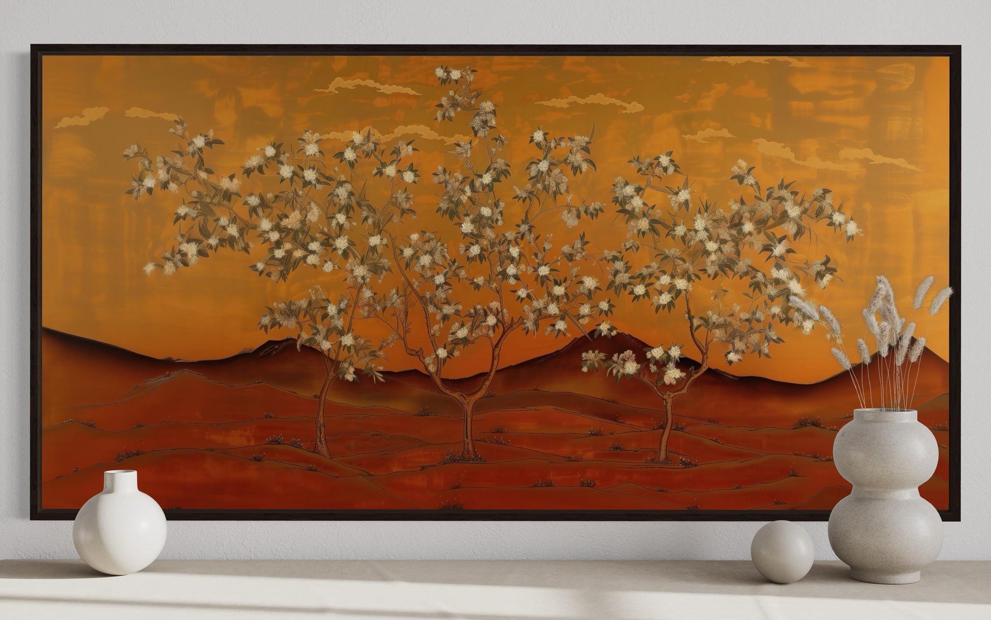 Brown And Orange Landscape With Blossoming Trees Framed Canvas Wall Art