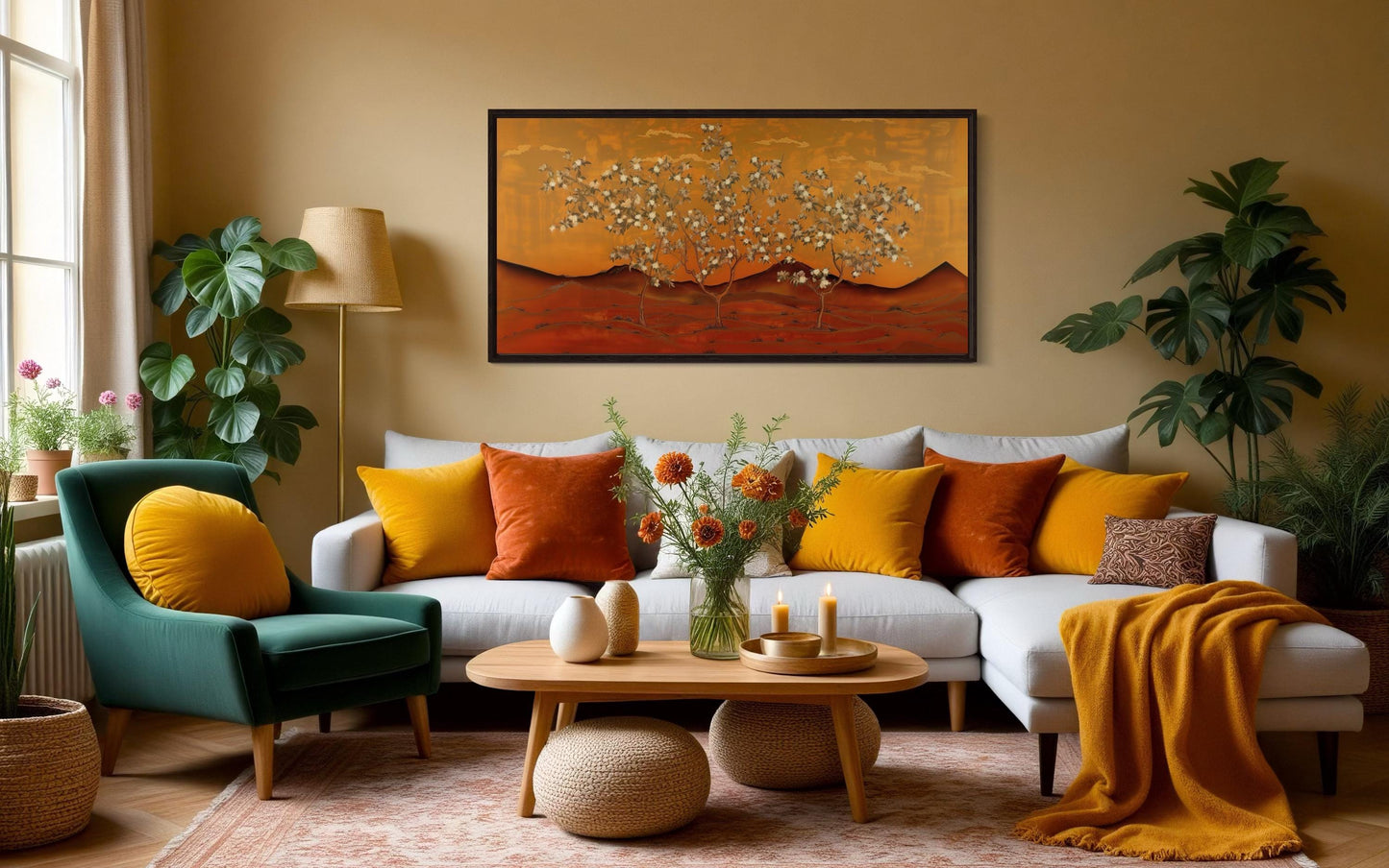Brown And Orange Landscape With Blossoming Trees Framed Canvas Wall Art