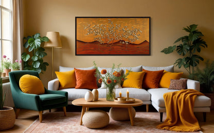Brown And Orange Landscape With Blossoming Trees Framed Canvas Wall Art